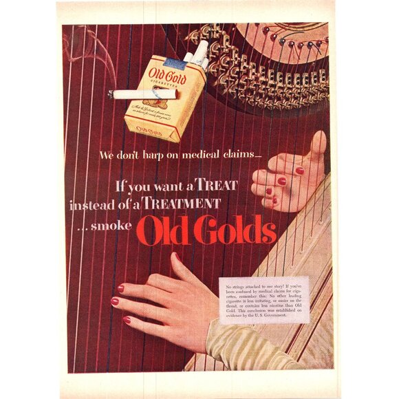 1951 Old Gold Cigarettes Woman Playing Harp Vintage Print Ad 50s Wall Art - Picture 1 of 2